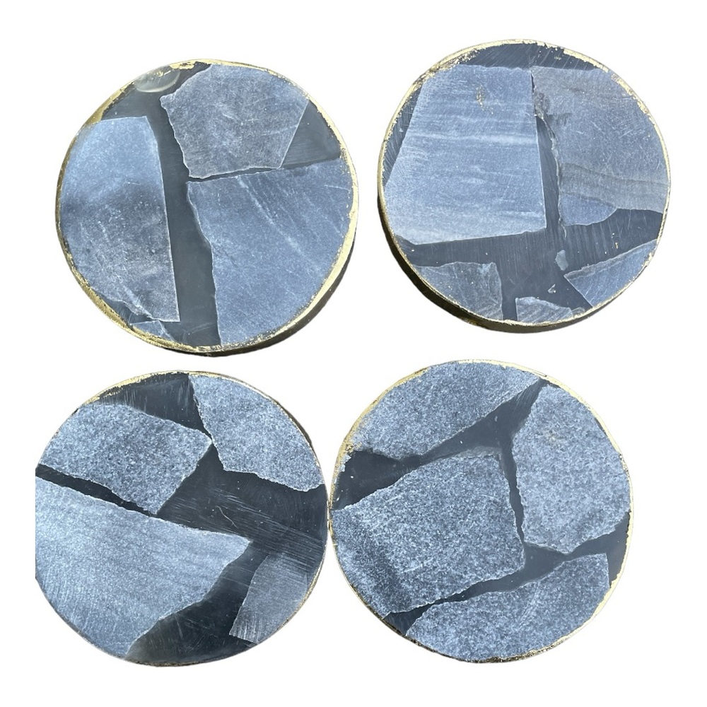 Blac & Grey Stone Coaster Set of 4 with Gold Trim Elegant Heavy Drinkware Decor